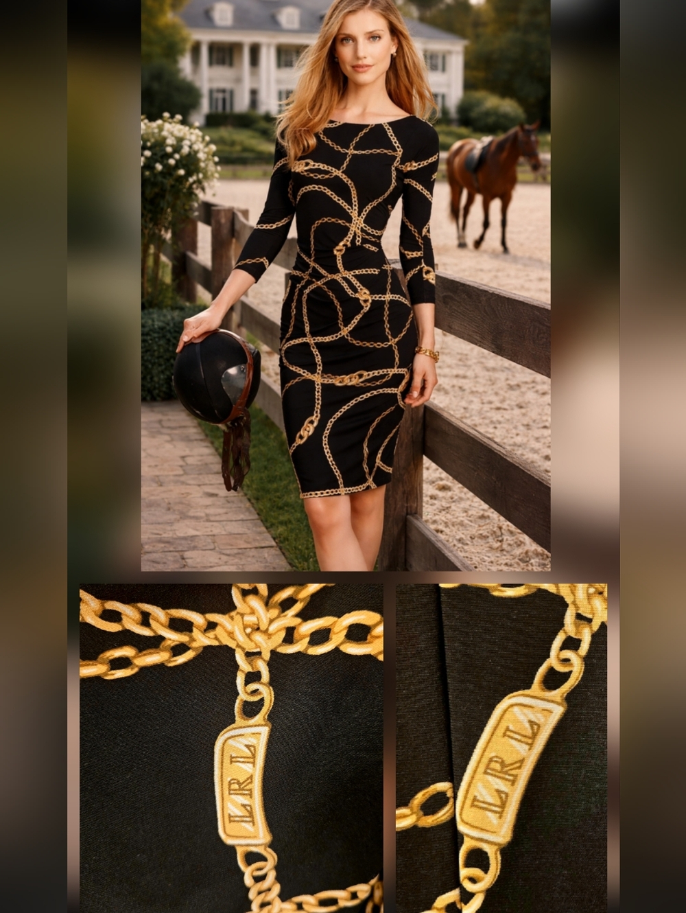 Ralph Lauren Equestrian Black Gold Chain-Print Dress Size 8 Medium